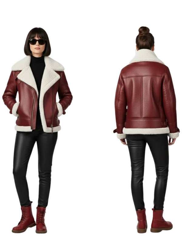Women Shearling Aviator B3 Fur Burgundy Bomber Jacket
