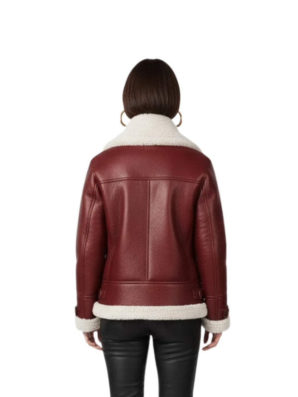 Women Shearling Aviator Pilot Style B3 Fur Burgundy Bomber Jacket