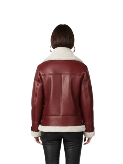 Women Shearling Aviator Pilot Style B3 Fur Burgundy Bomber Jacket