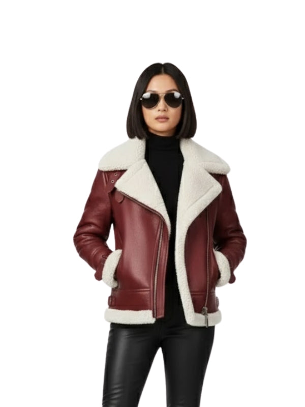Women Shearling Aviator Pilot Style B3 Fur Burgundy Jacket