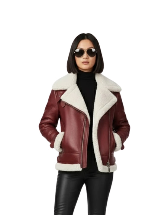 Women Shearling Aviator Pilot Style B3 Fur Burgundy Jacket