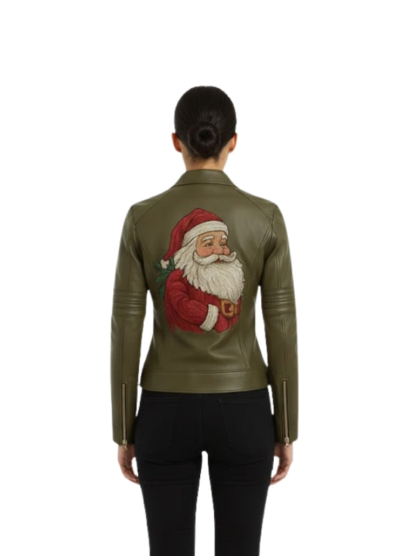 Women Slim Fit Green Real Leather Jacket