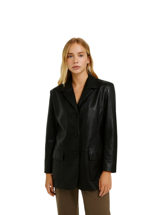 Women Vintage 90s Oversized Black Blazer Leather Coat