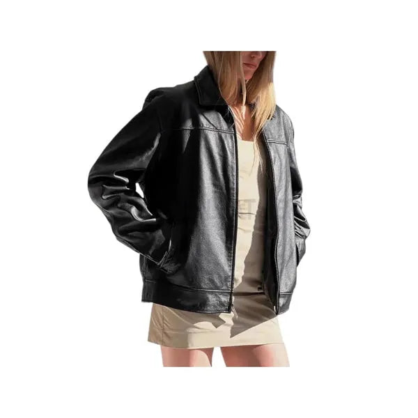 Women's 90's black leather jacket with vintage retro style