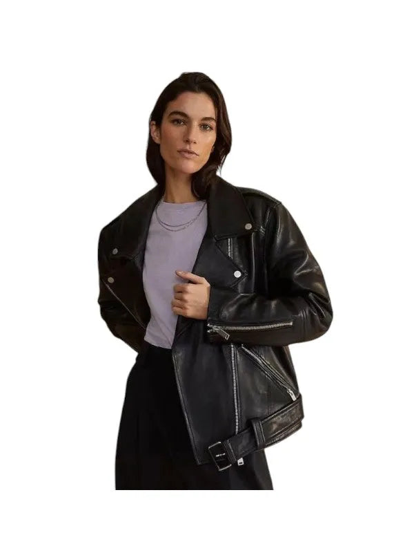 Women’s 90s vintage retro biker jacket with classic biker style.