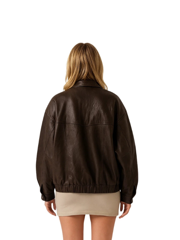 Women's 90s Oversized Brown Vintage Bomber Genuine Leather Jacket