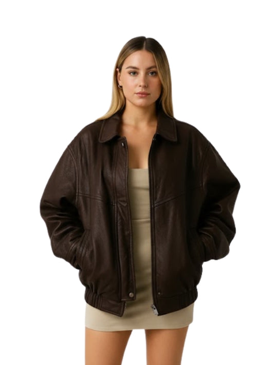 Woman wearing a brown jacket on a white background