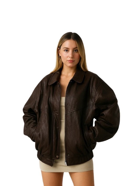 Women's 90s Oversized Brown Vintage Bomber Leather Jacket
