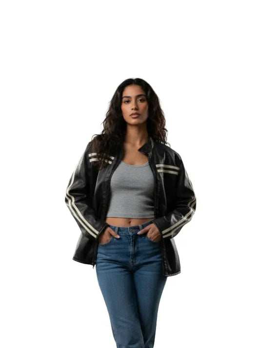 oversized cafe racer leather jacket with vintage biker inspired style