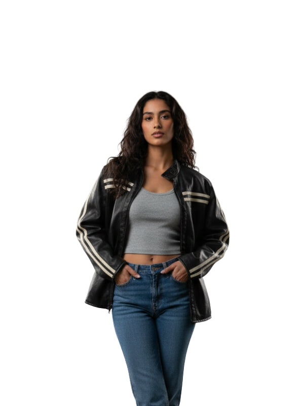Women's 90s Style Black Oversized Biker Leather Jacket