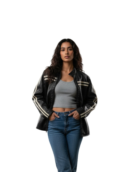 Women's 90s Style Black Oversized Biker Leather Jacket