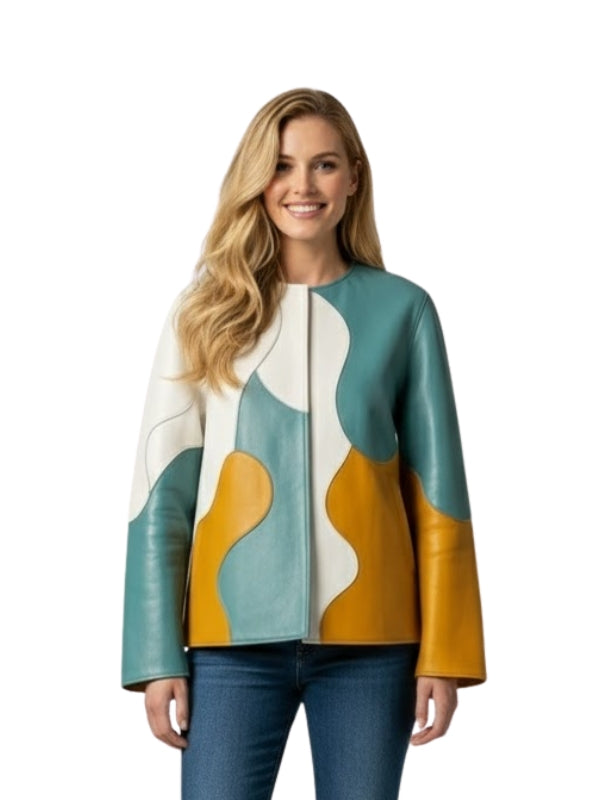 Woman wearing a colorful jacket with a white background