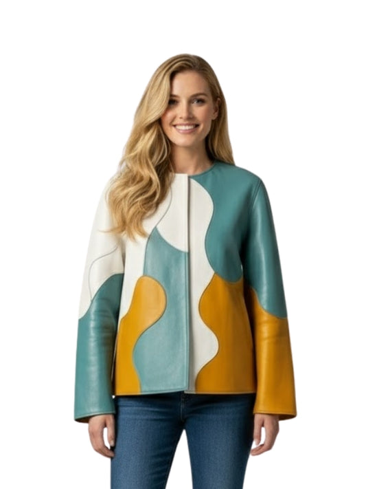 Woman wearing a colorful jacket with a white background