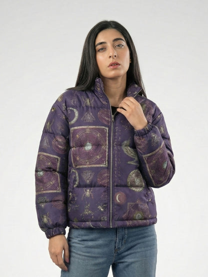 Woman wearing a purple patterned jacket on a white background