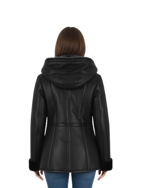 Black leather jacket with hood worn by a person on a white background