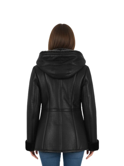 Black leather jacket with hood worn by a person on a white background