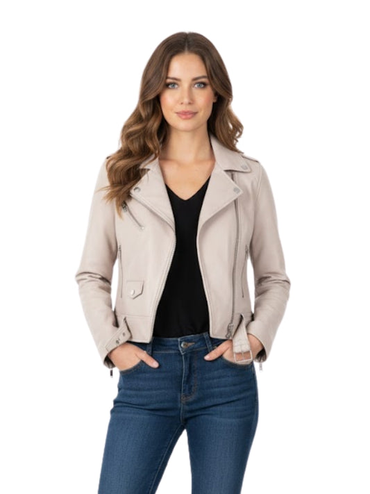 Woman wearing a beige jacket and blue jeans on a white background
