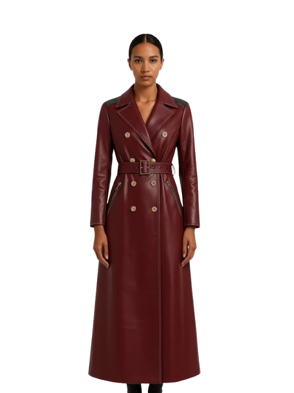 Women's Belted Double Breasted Burgundy Leather Trench Coat