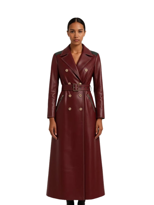 Women's Belted Double Breasted Burgundy Leather Trench Coat