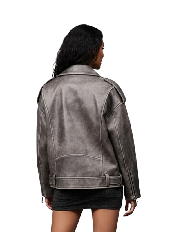 Person wearing a gray leather jacket on a white background