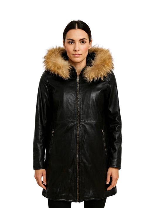 Woman wearing a black leather coat with fur hood on a white background