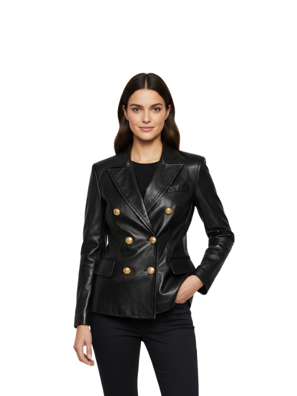 Women's Black Leather Double-Breasted Blazer