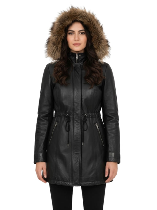 Woman wearing a black leather jacket with a fur-lined hood on a white background