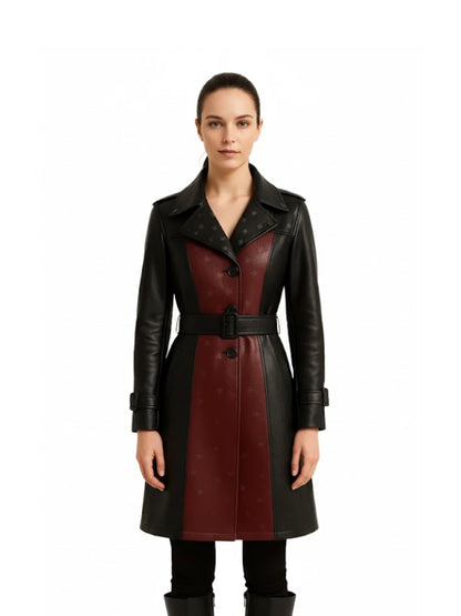  Women's Black & Maroon Leather Trench Coat