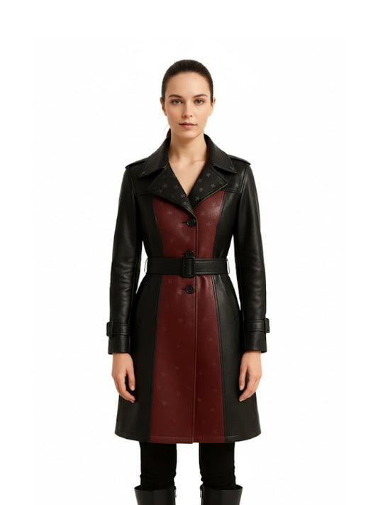  Women's Black & Maroon Leather Trench Coat