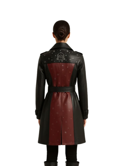 Women's Black & Maroon Leather Trench Long Coat