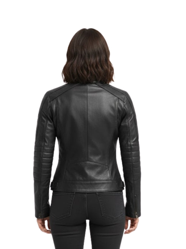 Black leather jacket worn by a person on a white background