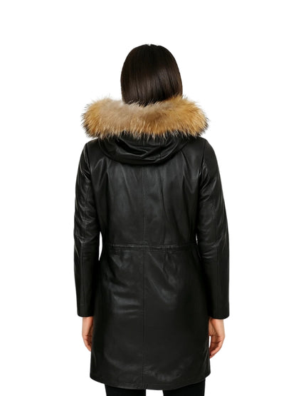 Women's Black Detachable Hood Real Fur Collar Puffer Long Coat