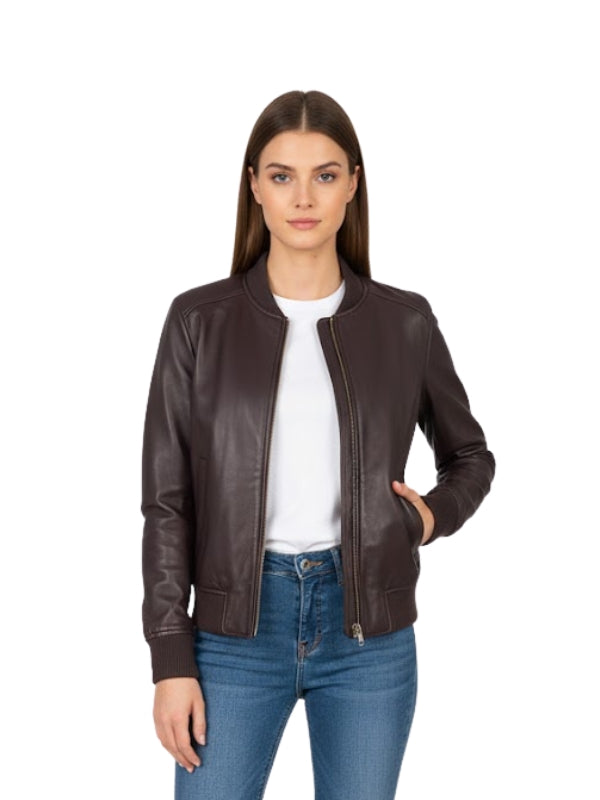 Woman wearing a brown leather jacket on a white background