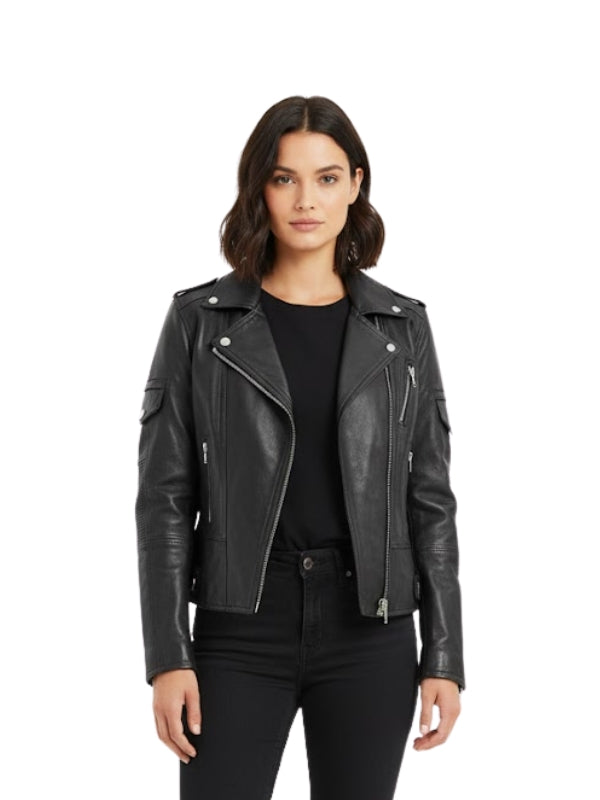 Woman wearing a black leather jacket on a white background