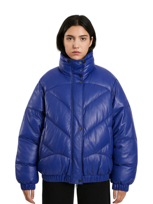 Person wearing a blue puffer jacket on a white background