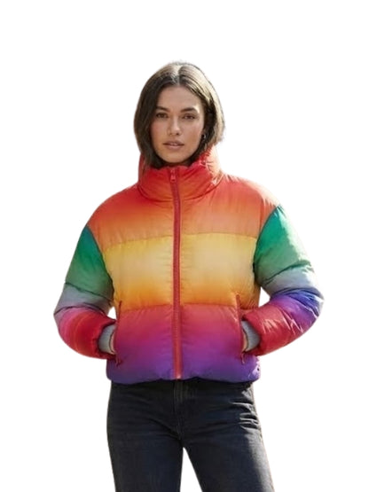 Person wearing a colorful puffer jacket on a white background