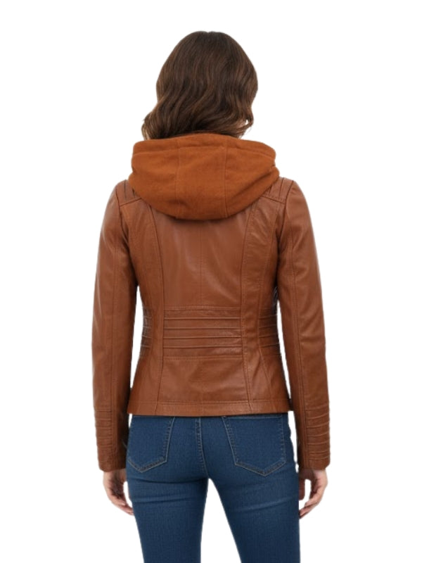 Brown leather jacket with hood worn by a person on a white background