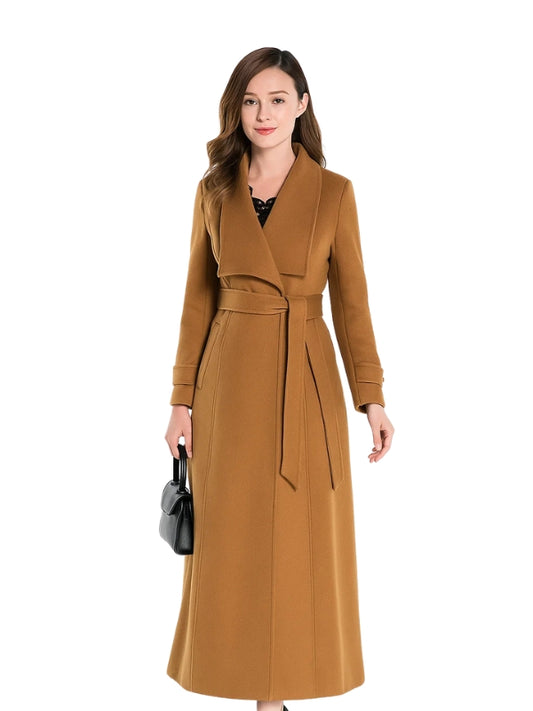 Woman wearing a long brown coat on a white background