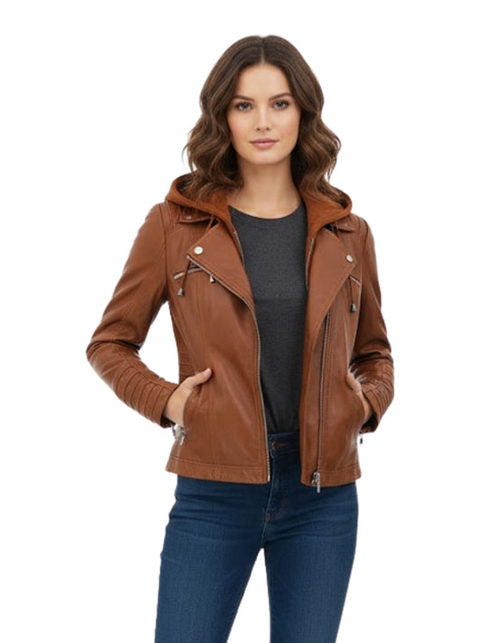 Woman wearing a brown leather jacket on a white background