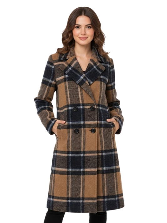 Woman wearing a plaid coat on a white background
