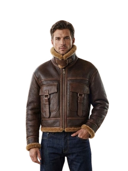 Man wearing a brown leather jacket with fur trim on a white background