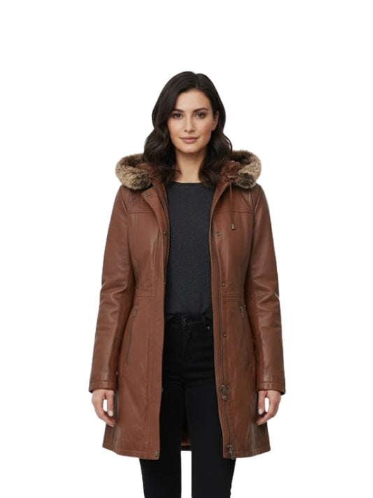 Woman wearing a brown leather coat with fur hood on a white background