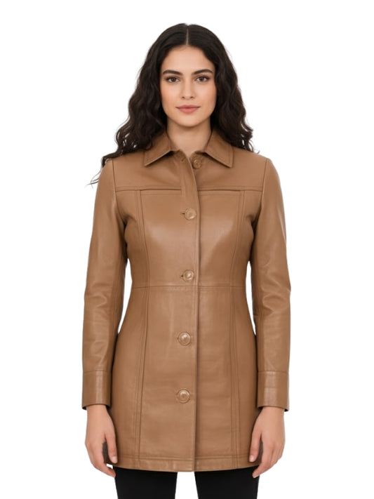 Woman wearing a brown leather jacket on a white background