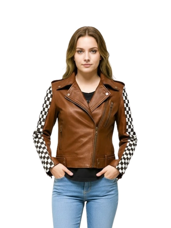 Woman wearing a brown leather jacket with checkered sleeves on a white background