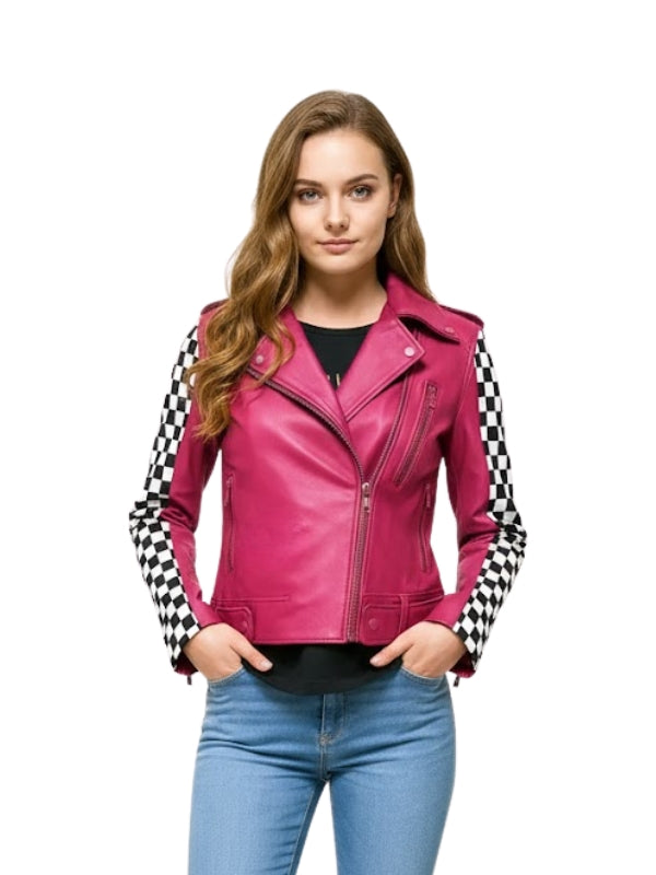 Woman wearing a pink leather jacket with checkered sleeves on a white background