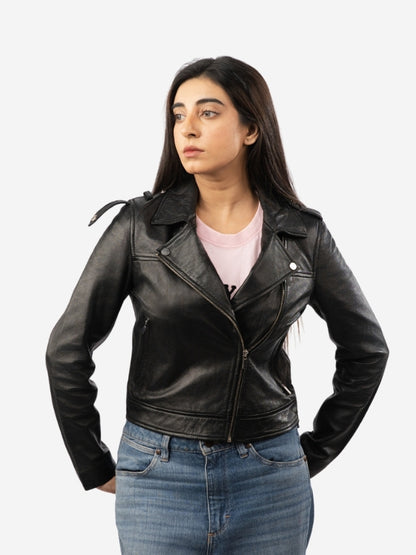 Woman wearing a black leather jacket on a white background