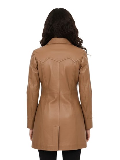Brown leather coat worn by a person on a white background