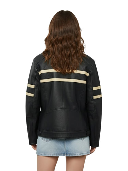 Black leather jacket with beige stripes on a white background