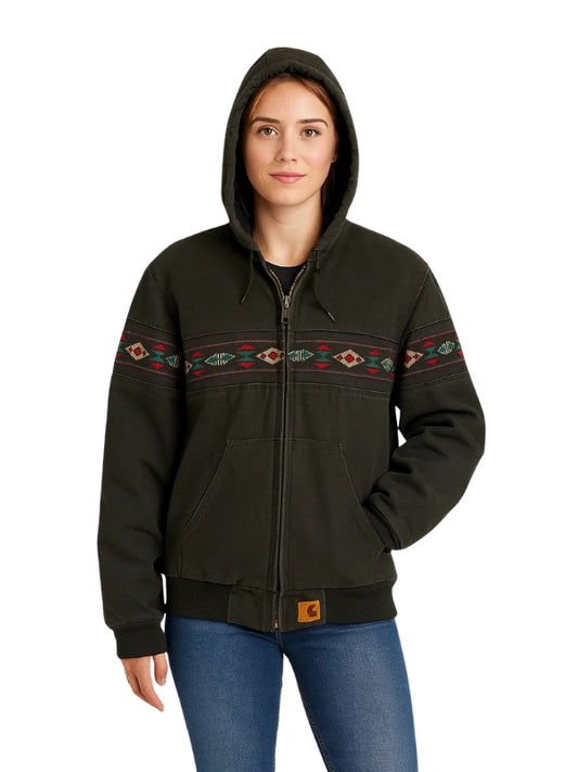 Person wearing a black hoodie with tribal patterns on a white background