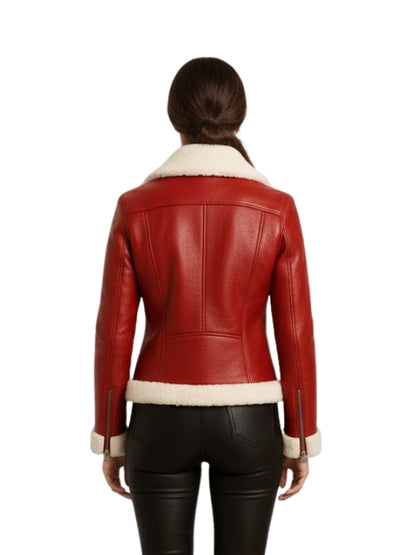 Women's Cream Shearling Aviator Red Leather Biker Jacket